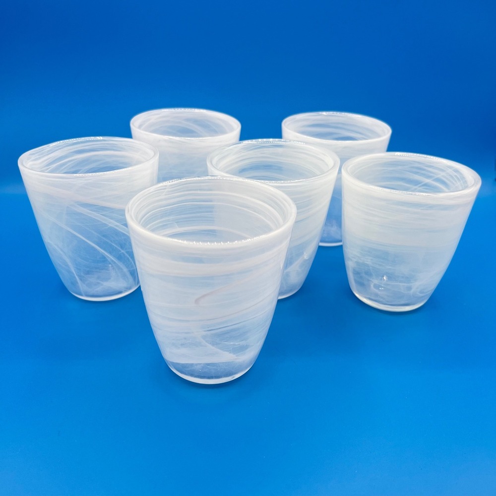 Set of 6 White Swirl Heavy Tumblers Hand Blown Glass Barware Juice Glasses